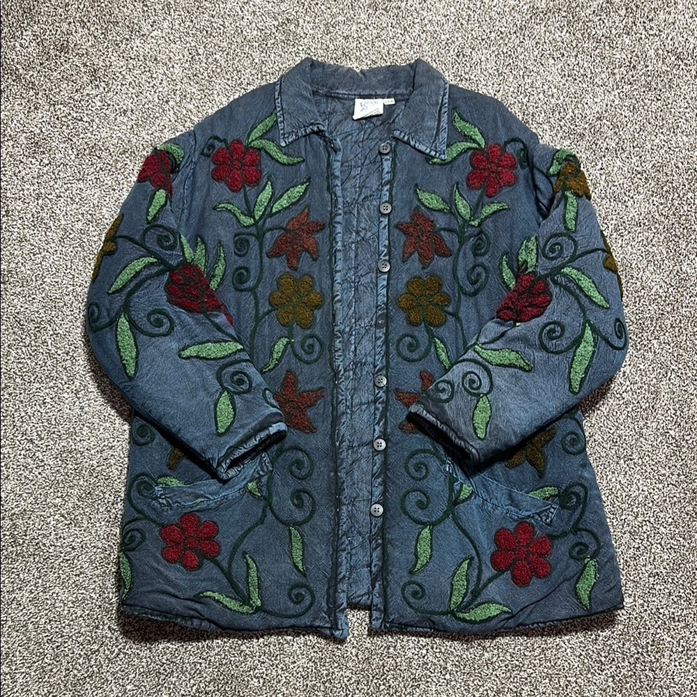 Vintage Papillon SMALL Embroidered Floral quilted Denim Jacket SOFT
